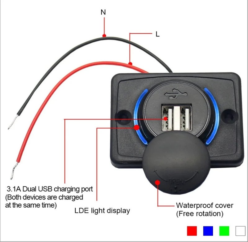 Bluejw Panel Mount Dual USB Car Charger Socket - 3.1A, 12V/24V Power Outlet Adapter w/ Cap & LED - Automobile Chargers, Quick Charge Dual Port for Cars - Image 3
